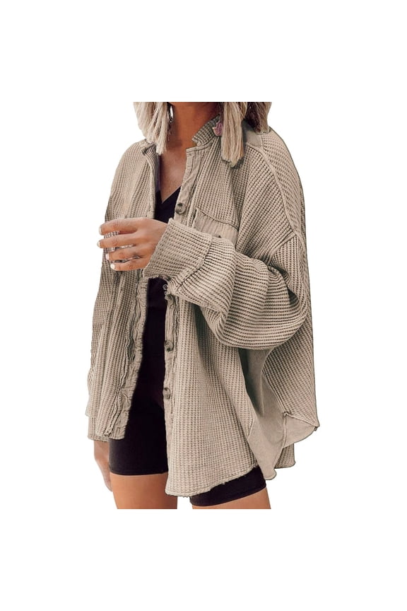 Flannel Shirt Women Shackets for Women 2025 Fall Jackets for Women 2025 Womens Waffle Knit Plaid Shacket Yellow 2XL