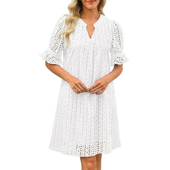ZJXFGS Flattering Dresses For Apple Shape Tiered Mini Casual Shift Dress Women's V Neck Short Sleeve Hollow Out Lace Ruffle Dresses With Pocket Eyelet Summer Dresses for Women White 2XL