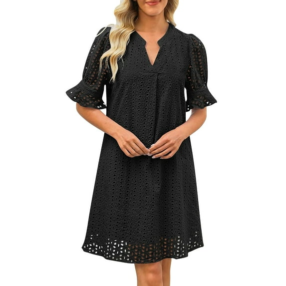 ZJXFGS Flattering Dresses For Apple Shape Tiered Mini Casual Shift Dress Women's V Neck Short Sleeve Hollow Out Lace Ruffle Dresses With Pocket Eyelet Summer Dresses for Women Black L