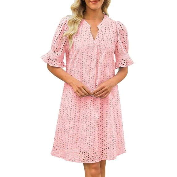 ZJXFGS Flattering Dresses For Apple Shape Tiered Mini Casual Shift Dress Women's V Neck Short Sleeve Hollow Out Lace Ruffle Dresses With Pocket Eyelet Summer Dresses for Women Pink XL