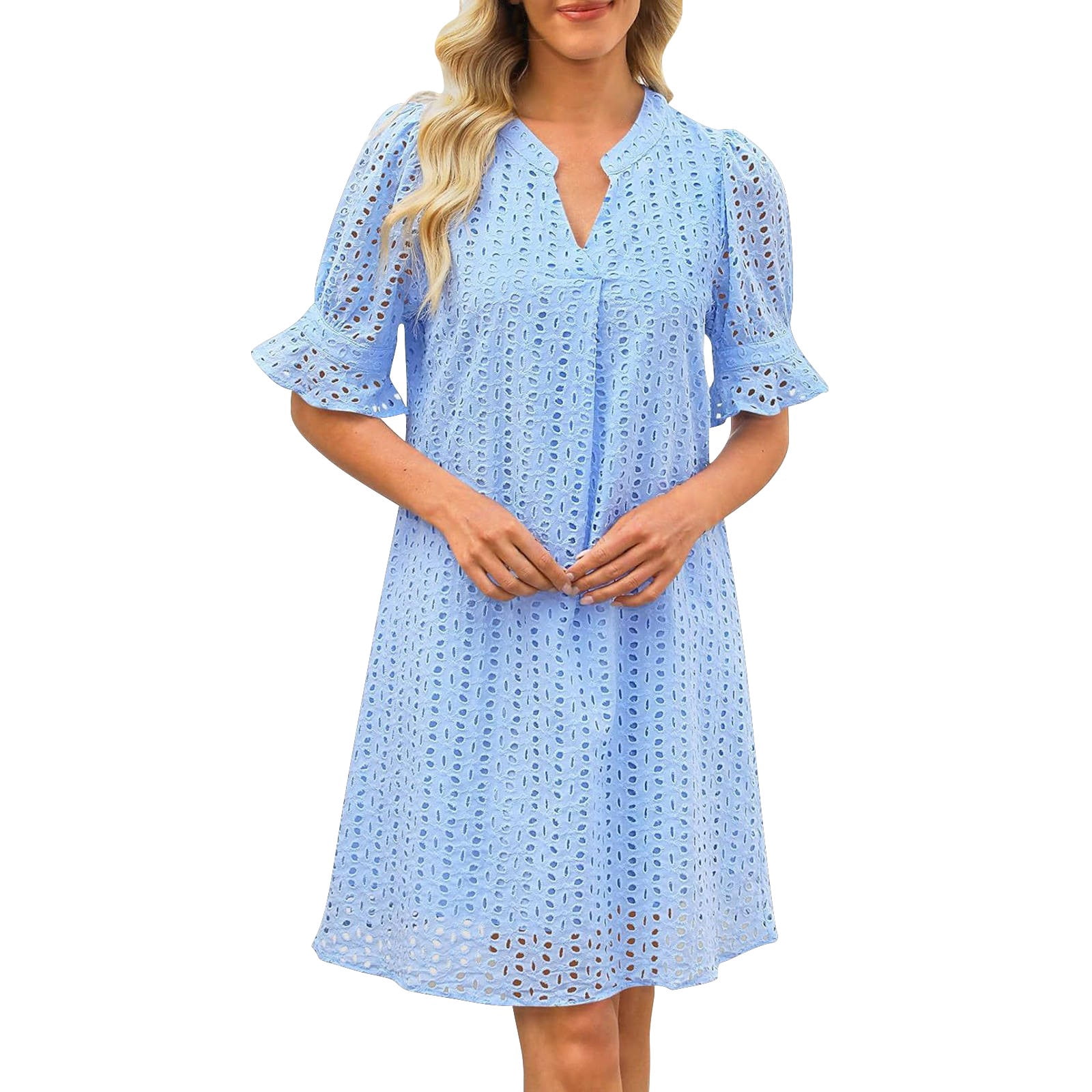 mini dress for apple shape ZJXFGS Flattering Dresses For Apple Shape Tiered Mini Casual Shift Dress  Women's V Neck Short Sleeve Hollow Out Lace Ruffle Dresses With Pocket  Eyelet Summer Dresses for Women Blue S