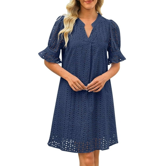 ZJXFGS Flattering Dresses For Apple Shape Tiered Mini Casual Shift Dress Women's V Neck Short Sleeve Hollow Out Lace Ruffle Dresses With Pocket Eyelet Summer Dresses for Women Blue S