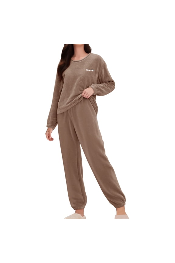 Fuzzy Pajamas Set for Women Winter Warm Fluffy Loungewear Soft Fleece Pj Pants 2 Piece Plush Sleepwear Lounge Tops A-Coffee M