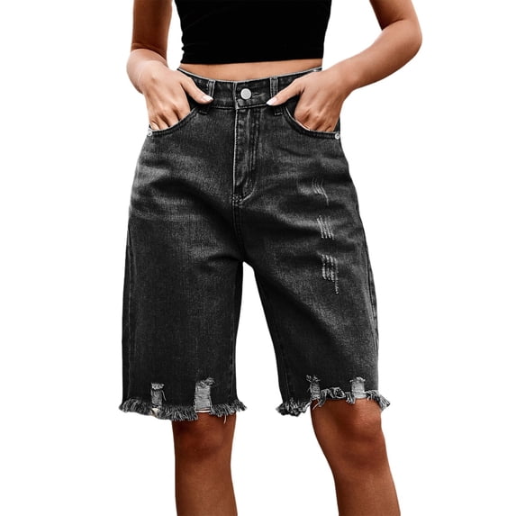 ZJXFGS Jean Shorts Womens High Waisted, Plus Size Jean Shorts, Stretchy Denim Short Summer Raw Hem Mom Long Shorts Cutoff Jorts, Mens Casual Shorts Dark Gray L