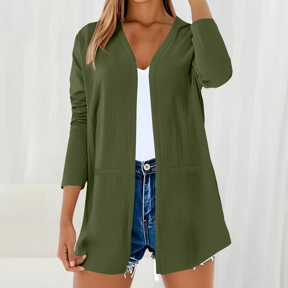 ZJXFGS Ladies' Cotton Linen Cardigan Women's Lightweight Open-Front Cardigan Sweater Loose Lightweight Cardigans with Pockets Green L