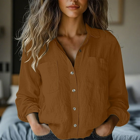 ZJXFGS Linen Button Down Tops for Women Womens V Neck Tops Double Lined Tops for Women Womens Dressy Blouses Womens Fall Fashion 2025 Blouses Coffee 2XL