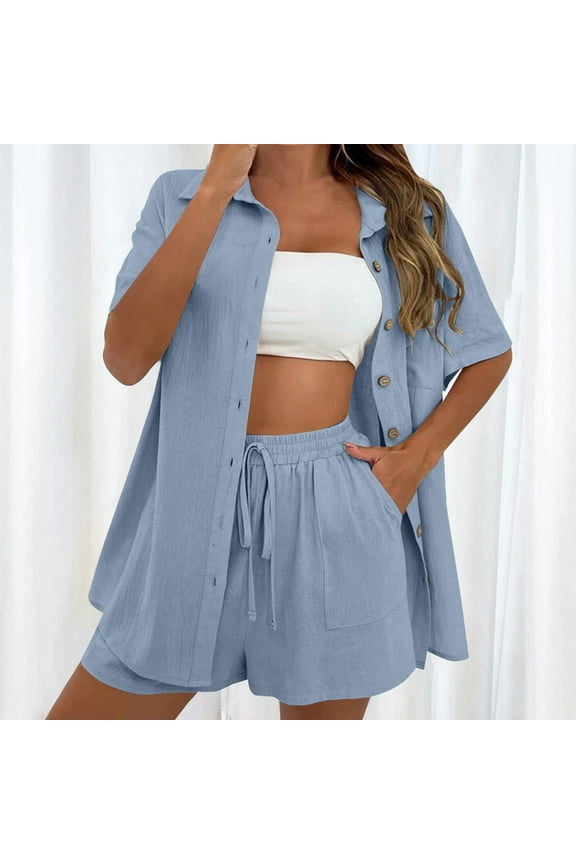 Linen Short Sets for Women Beach Vacation Outfits Lounge Tracksuits Fashion Cardigan Short Sleeve Shorts 2 Piece Set Woman Blue L