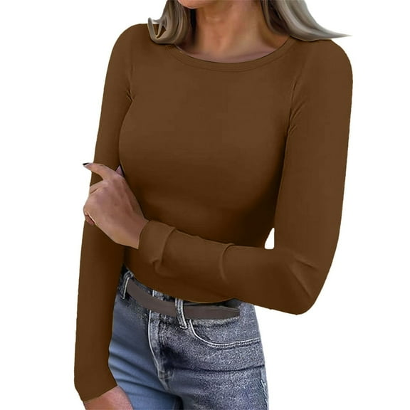 ZJXFGS Long Sleeve Thermal Shirt for Women Long Sleeve Shirt for Women Lightweghit Fleece Tops 2025 Crew Neck Basic T Shirts Brown 2XL