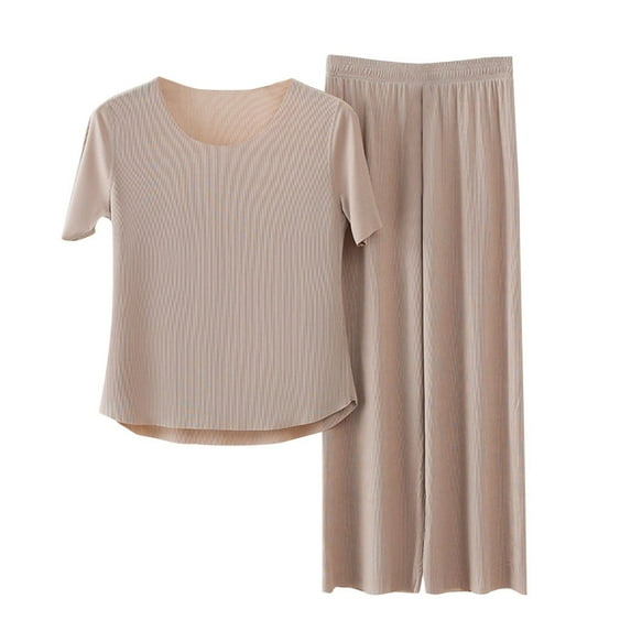 ZJXFGS Lounge Sets for Women Soft Pajama Set for Women Womens 2 Piece Outfits Summer Casual Loose Short Sleeve Pullover Tops & Wide Leg Pants Loungwear Tracksuitcapri Sets Women Brown 2XL