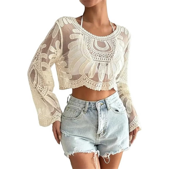 ZJXFGS Netted Tops for Women Open Knit Sweater Beach Sweaters for Women Crochet Tops for Women Summer Beige One Size