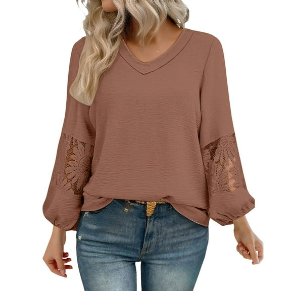ZJXFGS School Outfits for Teachers Early Fall Tops Women Puff Long Sleeve V Neck Loose Casual Top T Shirt Womens formal Tops Brown M