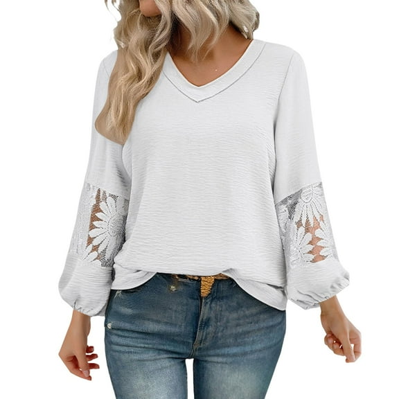 ZJXFGS School Outfits for Teachers Early Fall Tops Women Puff Long Sleeve V Neck Loose Casual Top T Shirt Womens formal Tops White 2XL