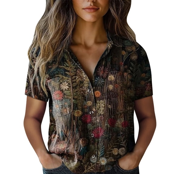 ZJXFGS Short Sleeve Casual Cotton Short Sleeve Shirt Women Short Sleeve Button Up Shirts For Women Fall Sweatshirt Shirts For Women Womens Longs Sleeve Button Lapel Tunic Tops Black 3XL