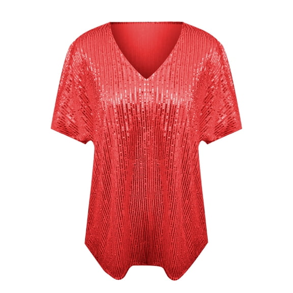 ZJXFGS Short Sleeve Tops For Women Fashion Clothing Glitter Blouses For Women Ladies Long Sleeve Tee Shirts T Shirts For Women Loose Fit Women T Shirts Sequin Tops For Women Womens Tops Red 3XL