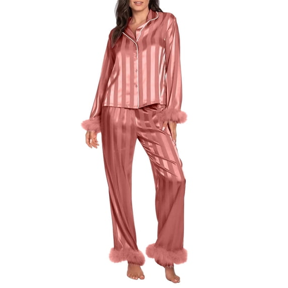ZJXFGS Silk Pajamas for Women Button Down Satin Pj Set Soft Long Sleeve 2 Piece Sleepwear Loungewear A-Rose Gold M