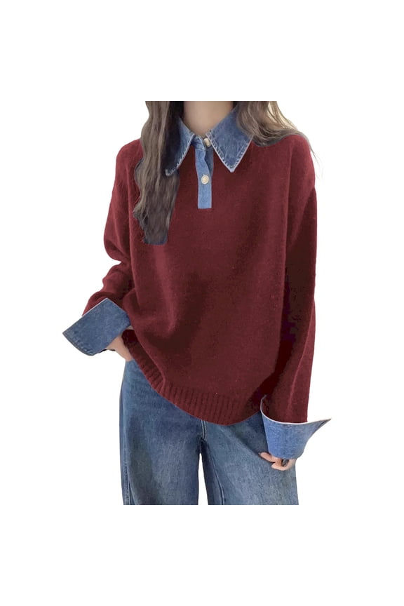 Sweater With Collared Shirt Attached Women,Collared Sweatshirts For Women,Womens Collared Sweater,Work Tops For Women,Sweater Shirt,Dressy Blouses For Women,Twofer Tops For Women,Red,One Size