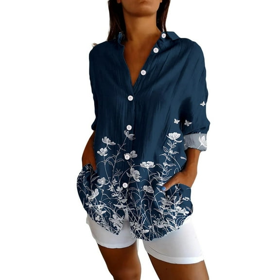 ZJXFGS V Neck Boho Floral Print Long Sleeve Tshirt Flowery Tops Women Women‘S V Neck Loose Long Sleeve Shirts Boho Womens Clothing Women‘S Long Sleeve Loose V Neck Shirts Boho Top Blue L