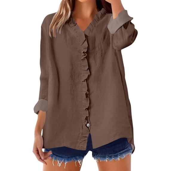ZJXFGS Vintage Blouse Women Ruffle Blouse for Women Women'S V Neck Button Down Blouse Top Shirt Petite Tops for Women Brown XL
