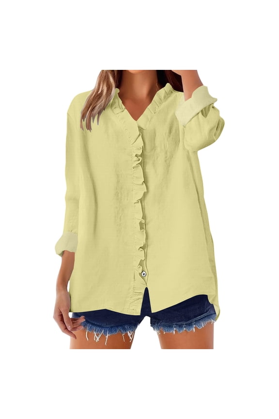 Vintage Blouse Women Ruffle Blouse for Women Women'S V Neck Button Down Blouse Top Shirt Petite Tops for Women Yellow S