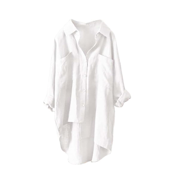 ZJXFGS Women Cotton Blend Crew Neck Long Sleeve Basic Tunic Tee Shirts Tops Blouse,Roll Up Casual Work Plain Solid Tops,Women's Button Down Shirts,Long Sleeve Boyfriend Dress White 4XL