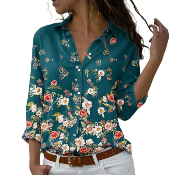 ZJXFGS Women Floral Printed Blouses Button Down Shirts for Women Work Tops for Women Blouses for Women Business Casual Green 3XL