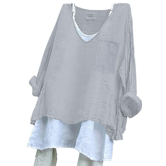 ZJXFGS Women Shirts Womens Tops Gym Shirts Women Cotton Linen Shirts For Women Over Size T Shirts For Women Linen Top Women Linen Shirt Gray L