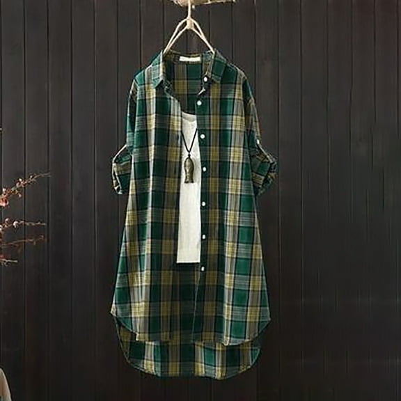 ZJXFGS Women's Long Flannel Shirts Womens Button Down Plaid Shirts Loose Fit Boyfriend Long Sleeve Casual Flannel Blouse Tops Green 2XL