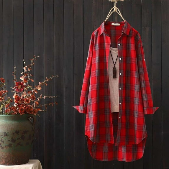ZJXFGS Women's Long Flannel Shirts Womens Button Down Plaid Shirts Loose Fit Boyfriend Long Sleeve Casual Flannel Blouse Tops Red 2XL