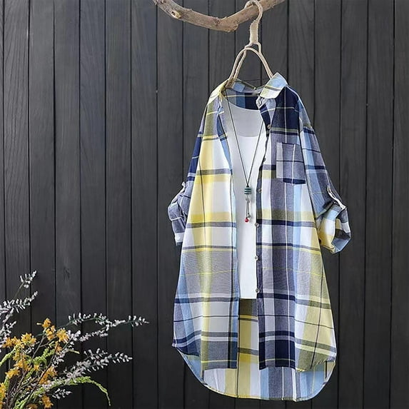 ZJXFGS Women's Long Flannel Shirts Womens Button Down Plaid Shirts Loose Fit Boyfriend Long Sleeve Casual Flannel Blouse Tops Yellow XL