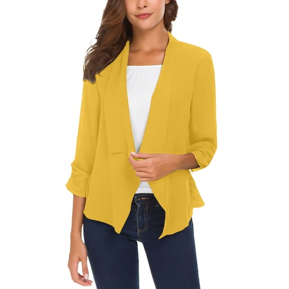 ZJXFGS Women's Ruched 3/4 Sleeve Blazers Women's Work Office Blazer Stretch Lapel Collar Long Sleeve Jacket Suit Blazer Yellow 4XL