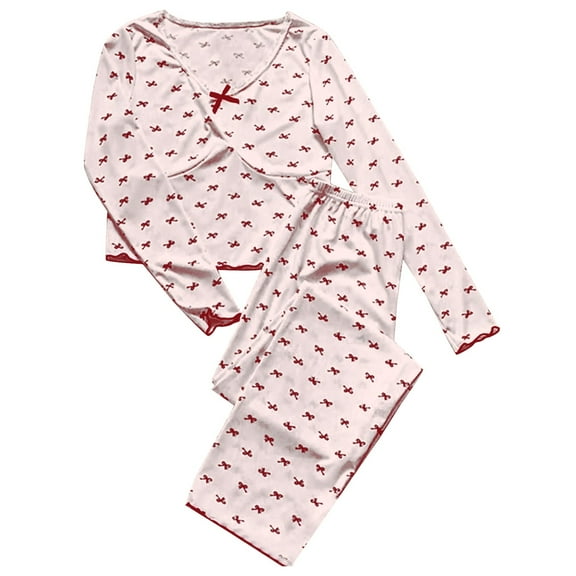 ZJXFGS Women's Sleepwear, Womens Pajamas, Women Autumn Bow Print Long Sleeved Trousers. Fit Top and Pants Set, Womens Pajama Sets Pants Pink M