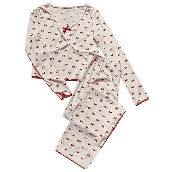 ZJXFGS Women's Sleepwear, Womens Pajamas, Women Autumn Bow Print Long Sleeved Trousers. Fit Top and Pants Set, Womens Pajama Sets Pants White L