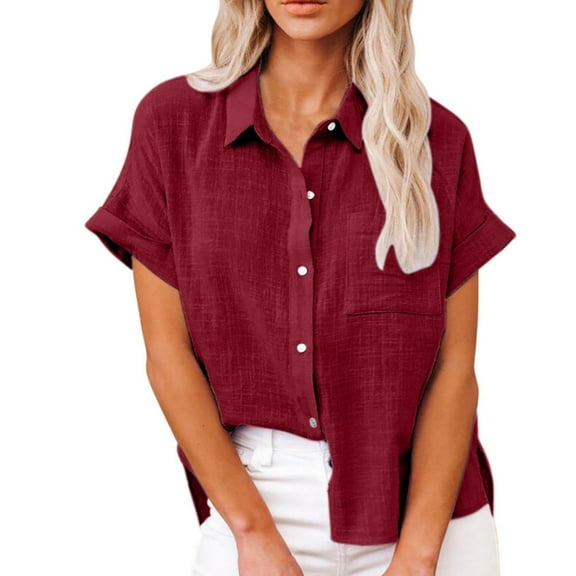 ZJXFGS Women's V Neck Button Down Blouses Cotton Tops Shirts With Rolled Linen Short Sleeves Red L
