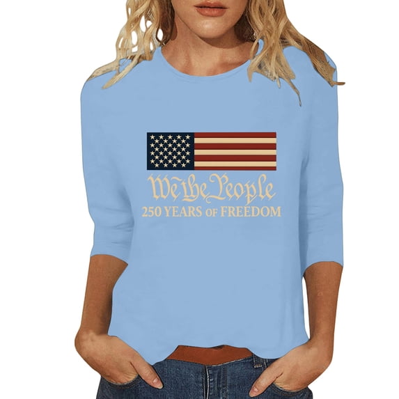 ZJXFGS Womens 3/4 Sleeve Crew Neck T-Shirts,Casual Crew Neck Shirts Business Work Blouses Work Business Dressy Fashion Blouses & T-Shirts Trendy Flowy Tees Slim Fit Tunic Top Sky Blue L
