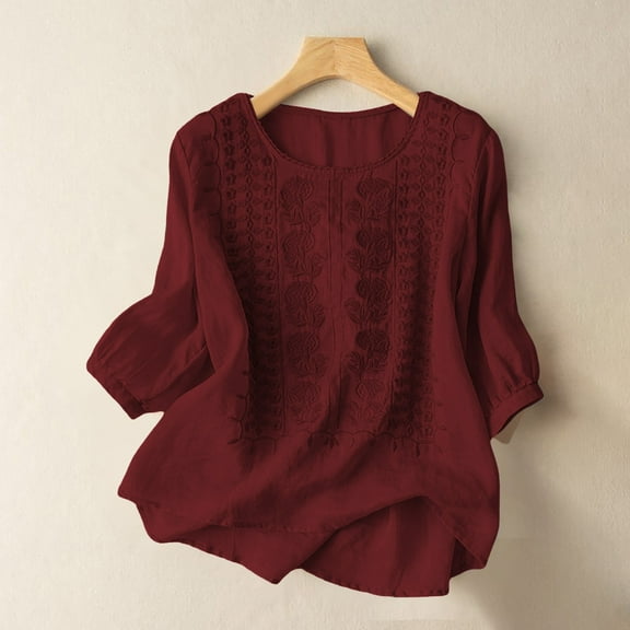 ZJXFGS Womens Boho T Shirts Women Blouses Cooling Shirts Peasant Blouses for Women Ladies Tops and Blouses Going Out Tops Tops for Women Trendy Red M