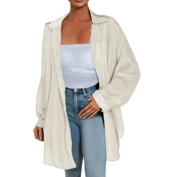 ZJXFGS Womens Button Down Shirts Boyfriend Shirt Casual Long Sleeve Oversized Button Down Blouse Tops for Women Beige A