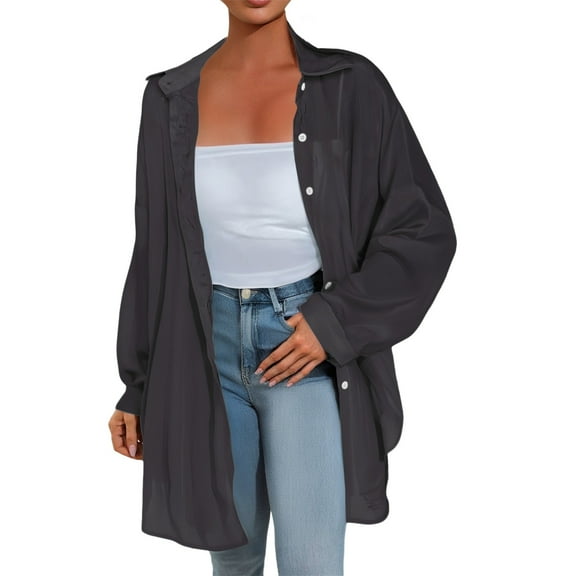 ZJXFGS Womens Button Down Shirts Boyfriend Shirt Casual Long Sleeve Oversized Button Down Blouse Tops for Women Black A