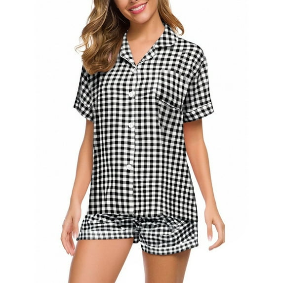 ZJXFGS Womens Button Up Pajama Set 2 Piece Lounge Sleepwear Pajamas Women'S Summer Short Sleeved Lapel Shirt Set Shorts Plus Size Home Clothesmatching Set Pjs for Women Black L