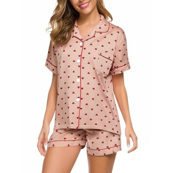 ZJXFGS Womens Button Up Pajama Set 2 Piece Lounge Sleepwear Pajamas Women'S Summer Short Sleeved Lapel Shirt Set Shorts Plus Size Home Clothesmatching Set Pjs for Women Red 2XL