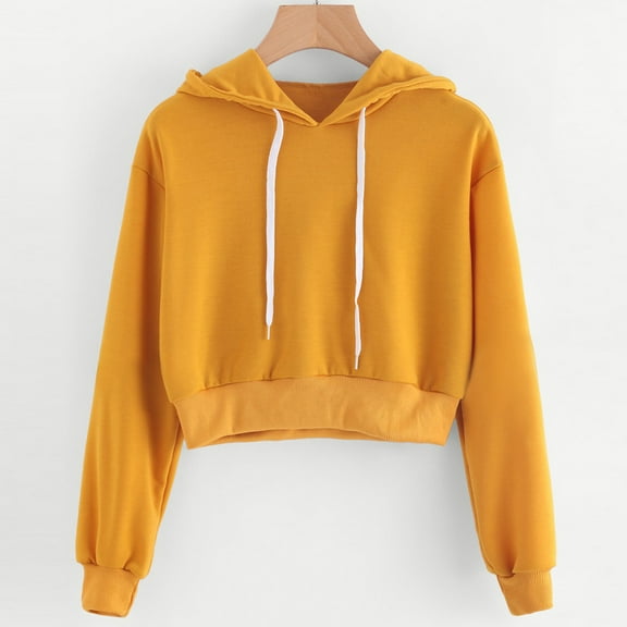 ZJXFGS Womens Cropped Hoodies Long Sleeves Pullover Crop Tops Women's Crop Sweatshirt Womens Drawstring Fall Tops Yellow S