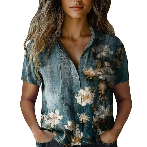 ZJXFGS Womens Fall Clothes Women Clothing Y2k Button Up Shirt Women Short Sleeve Shirts For Wome Comfort Color Sweatshirts Shirts For Women Womens Tops Dressy Casual Blue L