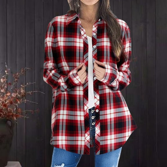 ZJXFGS Womens Long Sleeve Flannel Shirt Button Down Plaid Shirts Boyfriend Shirt Tops for Women Womens Fall Plaid Shacket White 5XL