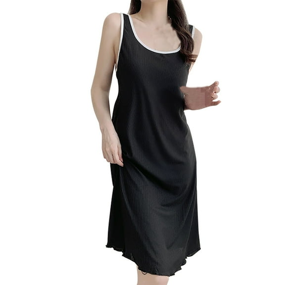ZJXFGS Womens Night Shirts for Sleeping, Cotton House Dress, Womens Cotton Sleeveless Nightgown Spaghetti Strap V Neck Full Slip Sleep Dress, Cotton Nightgowns for Women Black L