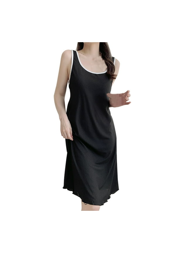 Womens Night Shirts for Sleeping, Cotton House Dress, Womens Cotton Sleeveless Nightgown Spaghetti Strap V Neck Full Slip Sleep Dress, Cotton Nightgowns for Women Black L
