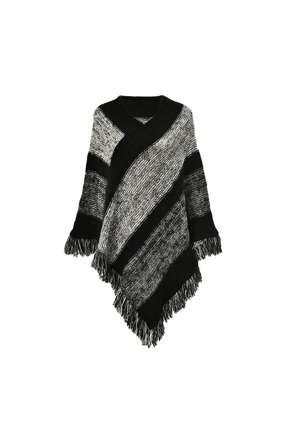 Womens Poncho Knitted Ponchos for Women Sweater Knit Poncho Women Sweater Wrap Shrug Sweaters for Women Knit Shrug Shawl with Sleeves Black One Size