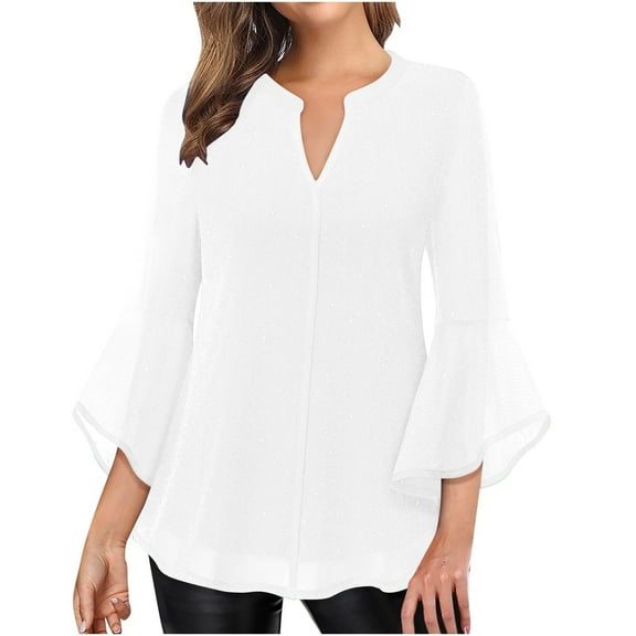 ZJXFGS Womens Sequin Tops Flowy Tops for Women Dressy Tops for Women Bell Sleeve Tops for Women White S