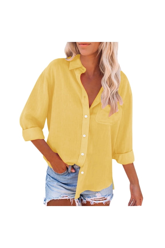 Womens V Neck Roll up Sleeve Button Down Blouses Tops,Women's Button Down Shirts,V Neck Roll Up Cuffed Sleeve Blouses,Long Sleeve Blouses,Button Down Shirt for Women Yellow 5XL
