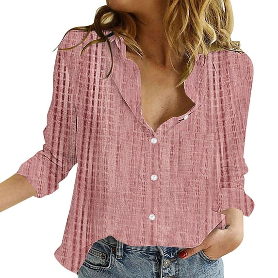 ZJXFGS Womens V Neck Roll Up Sleeve Down Blouses Tops Fitted Button Down Shirts for Women Pink XL
