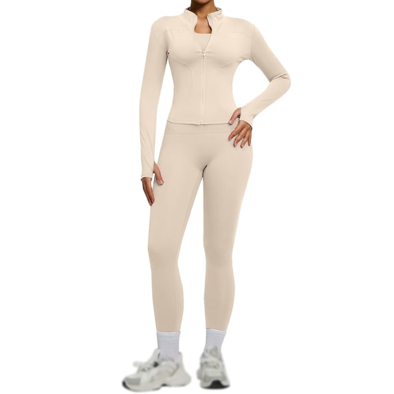 ZJXFGS Womens Workout Sets 2 Piece Seamless Yoga Outfits Long Sleeve Zipper Jacket High Waist Leggings Butt Lifting Gym Set Beige L