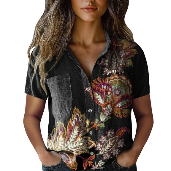 ZJXFGS Y2k Button Up Shirt Women Formal Tops Womens Longs Sleeve Button Lapel Tunic Tops Womens Fall Fashion 2025 Tops Womens Tops Fall Sweatshirt Short Sleeve Casual Black 4XL